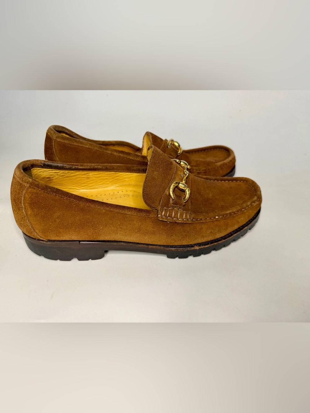 VTG Cole Haan Brown Suede Loafers Gold Horse Bit Preppy Driving Shoes 8.5 Wide